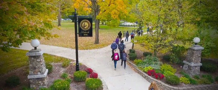 Aerial picture of campus with students walking to their classes.