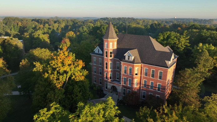 Aerial picture of Becker Hall. 