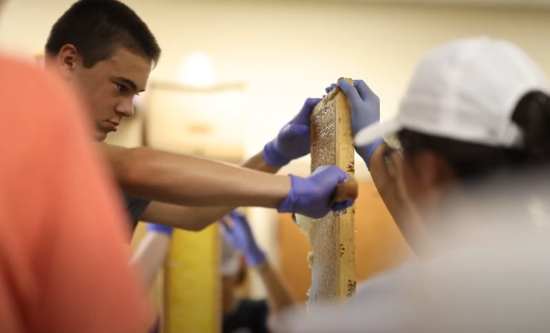 An Ag Bio Camper works with locally grown honey.