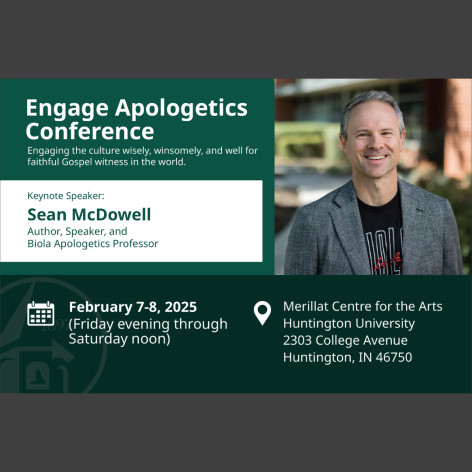 Flyer featuring Sean McDowell for an Apologetics Conference at Huntington University.